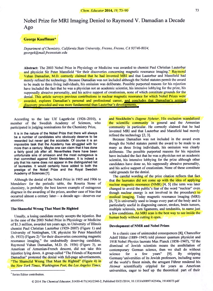 Nobel Prize for MRI Imaging Denied to Raymond V. Damaina a Decade Ago