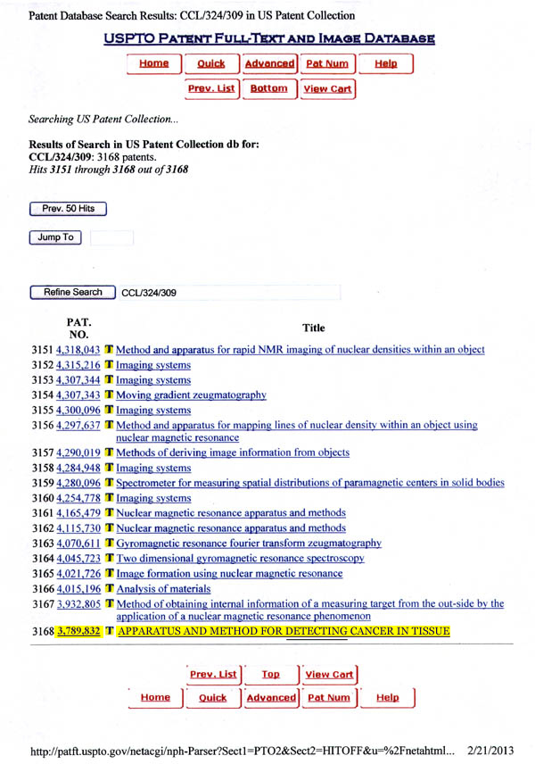 The above is the first page of the title list of the 4552 patents issued by the United States Patent Office beginning with the most recently issued patent for MRI (as of 2/21/13).