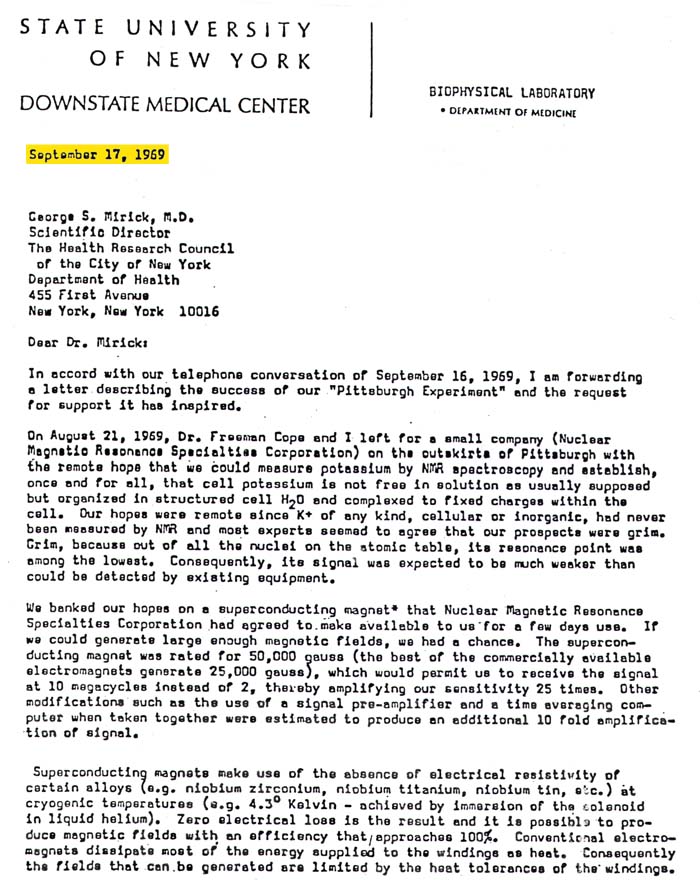 Dr. Damadian’s September 17, 1969 letter to Dr. George Mirick<empty>