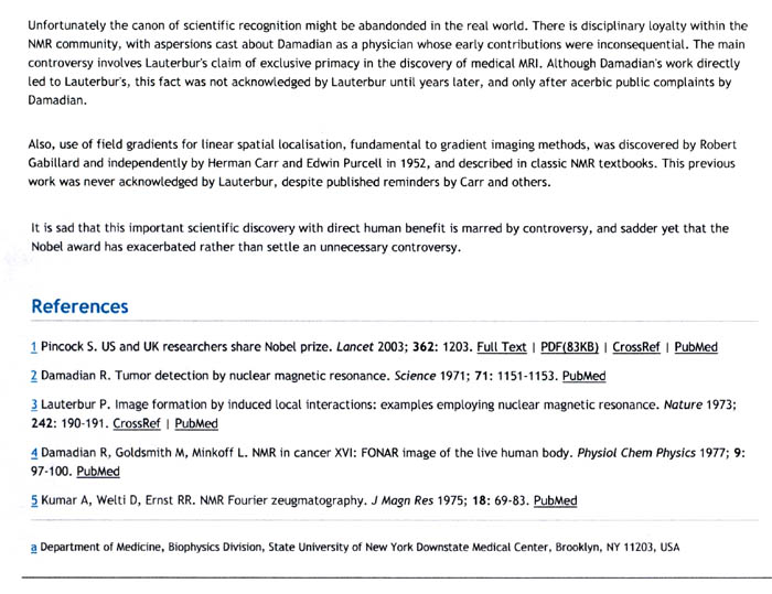 Lancet Article: The Nobel prize for MRI-a wonderful discovery and a sad controversy