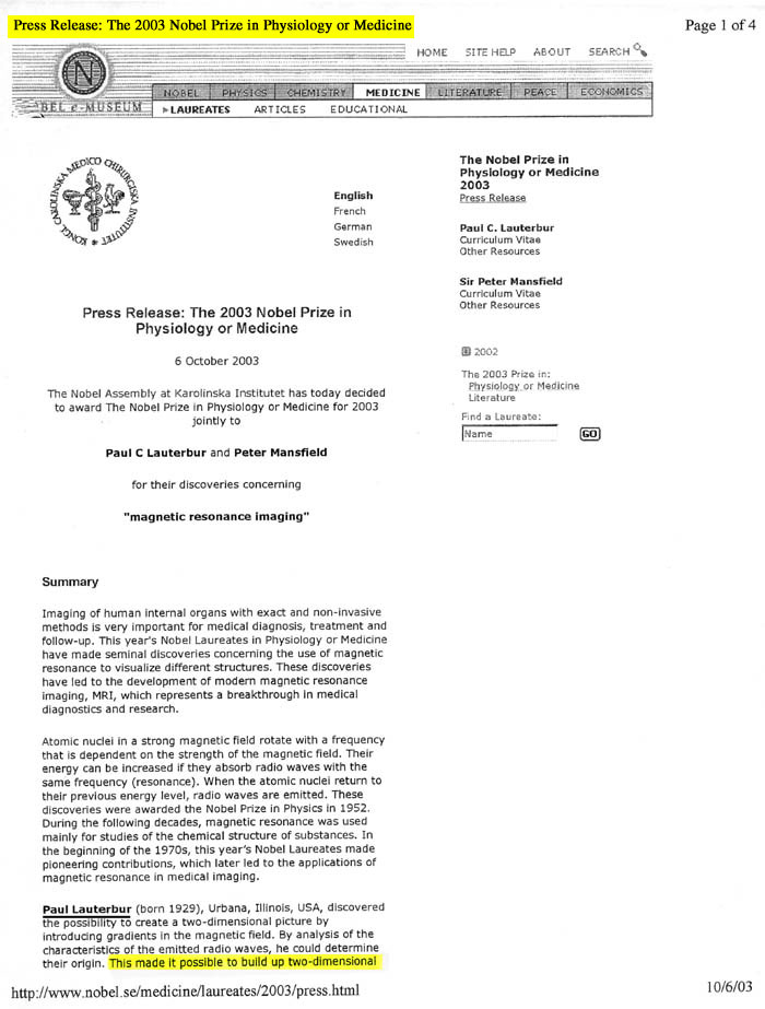 2003 Nobel Prize in Medicine Press Release