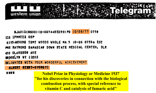 Szent-Gyorgyi telegram to Raymond Damadian