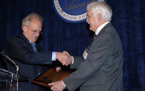 The Honorable Howard L. Berman, Chairman of the House Judiciary Subcommittee on Courts, the Internet, and Intellectual Property presents the National Inventor of the Year Award to Dr. Raymond V. Damadian of Fonar Corp, Inventor of the Upright MRI Machine.